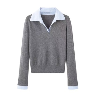 2025秋季 显瘦条纹领假两件polo领针织衫 新款 百搭修身 女 时尚 艾系