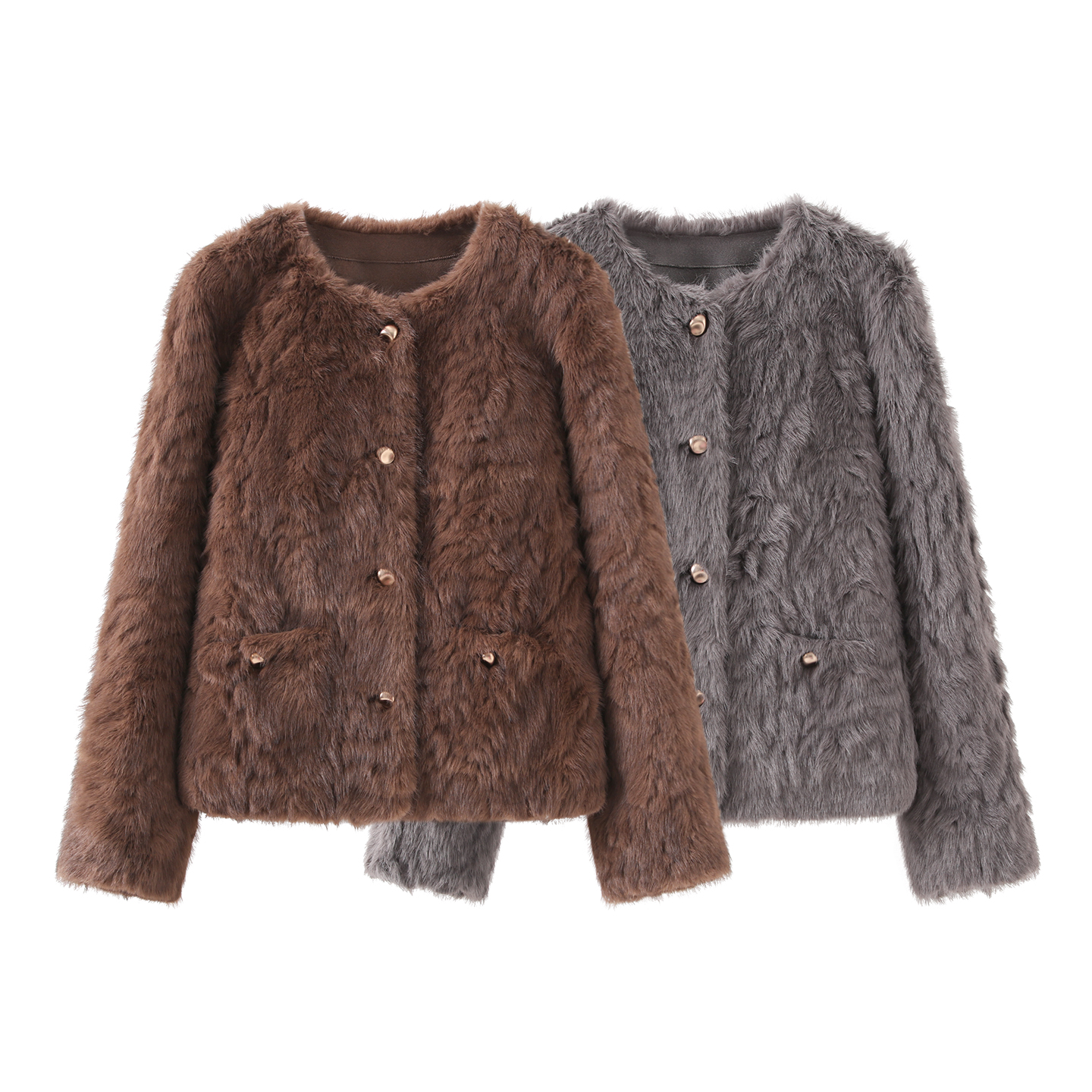 袖系の2025冬季新款时尚百搭圆领宽松显瘦复古轻熟风毛毛短外套女