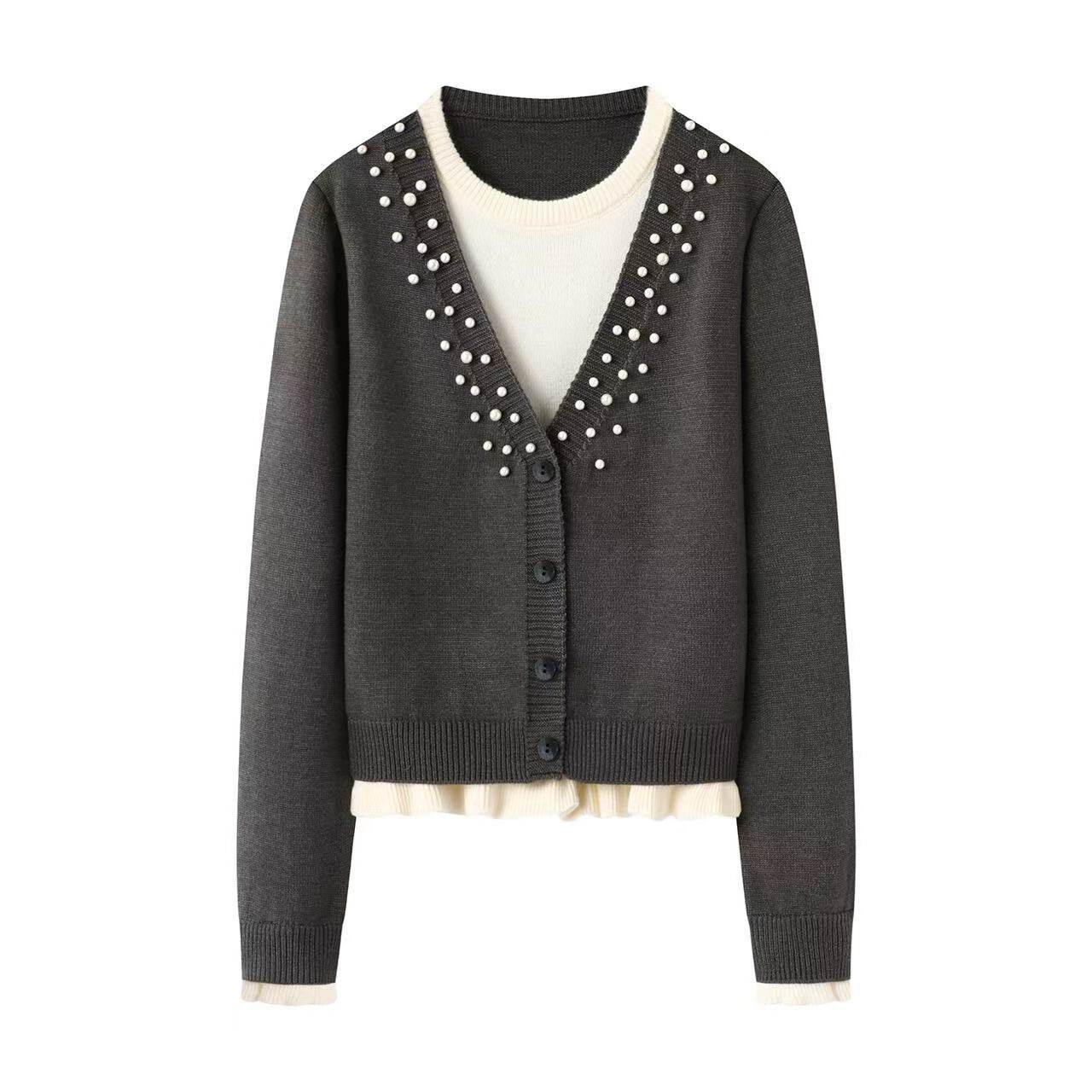 阔系の重工钉珠灰色假两件长袖针织衫女2025秋季新款软糯圆领毛衣