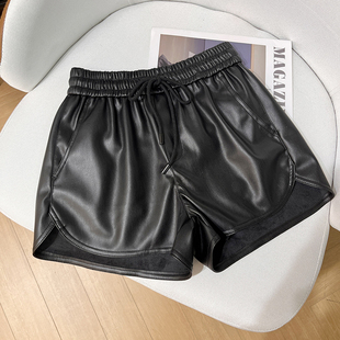 百搭抽绳高腰显瘦小个子阔腿A字皮短裤 时尚 女 2025秋冬新款 艾系