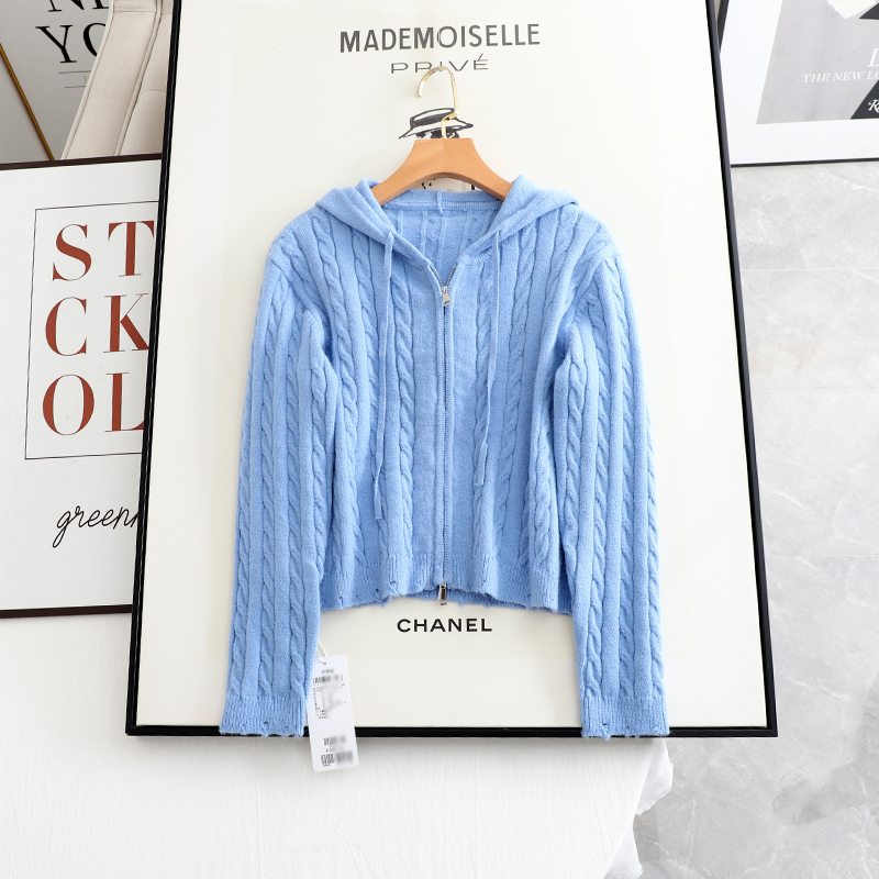 麦系の2025秋冬季新款时尚百搭小个子蓝色双拉链连帽针织衫女上衣
