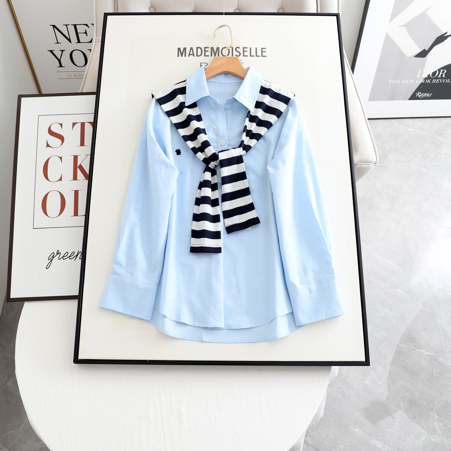 麦系の可拆卸条纹披肩！2026春秋时尚百搭宽松显瘦蓝色长袖衬衫女