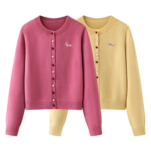 彩系の2026春季新款卡通图案小马绣花嫩黄色圆领套头针织衫开衫女