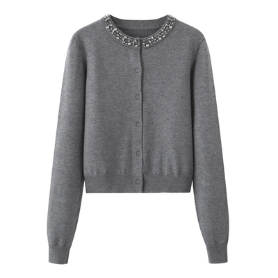小艾の2025春季新款女装时尚百搭手工钉珠灰色羊毛针织开衫女上衣