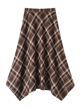 影系の美拉德咖色格子半身裙女2025秋新款独特别致不规则高腰裙子