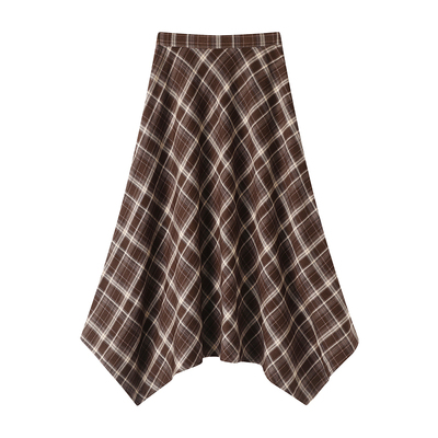影系の美拉德咖色格子半身裙女2025秋新款独特别致不规则高腰裙子