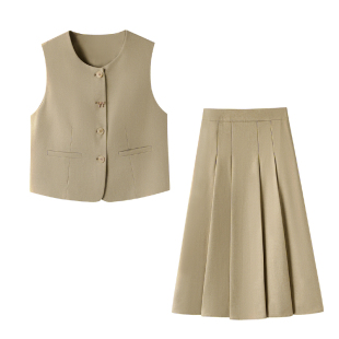 高腰显瘦中长款 马甲 A字半身裙女 蝴蝶结纽扣圆领卡其色西装 影系