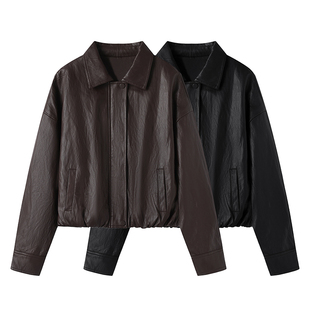 时尚 新款 百搭小个子pu夹克短外套 美拉德咖色皮衣女2025秋季 影系