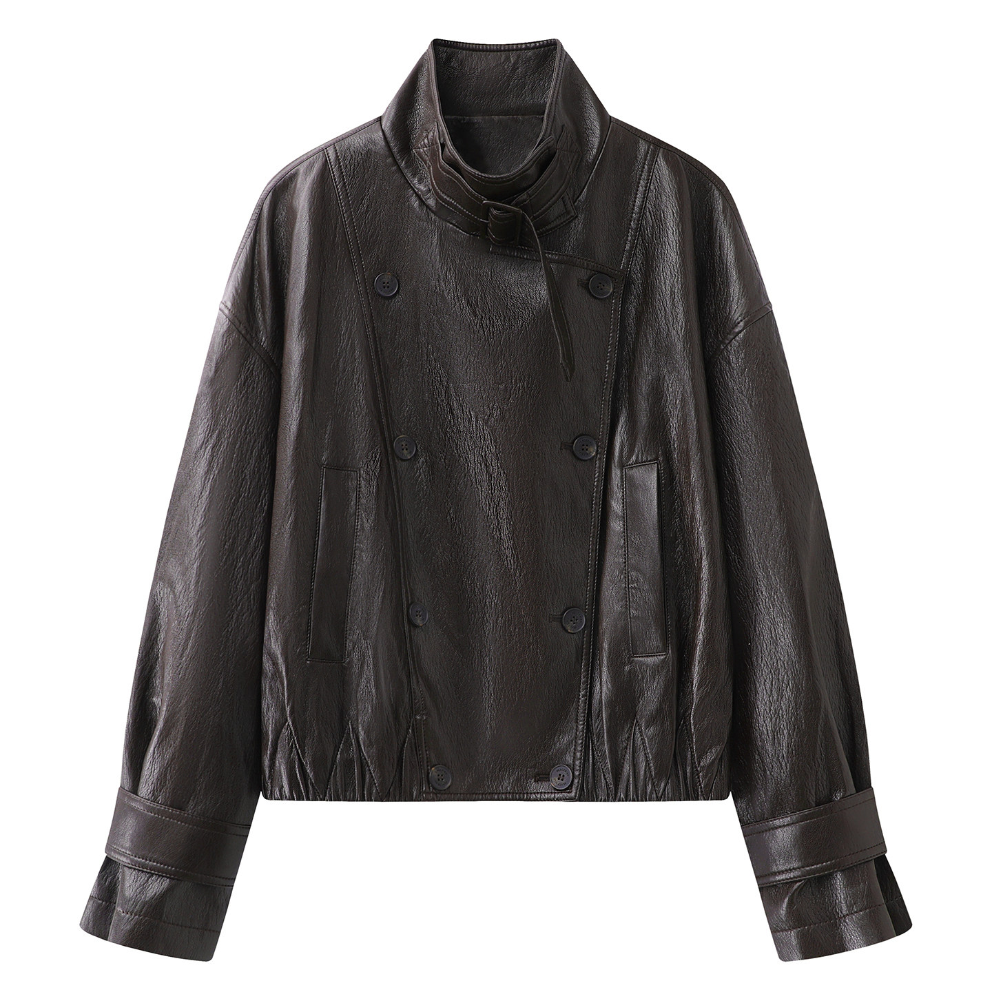 鸟+の2026春季新款时尚百搭宽松显瘦短款双排扣机车风皮衣外套女,女装/女士精品,皮衣,淘宝优惠券,粉丝福利购,淘宝优惠卷