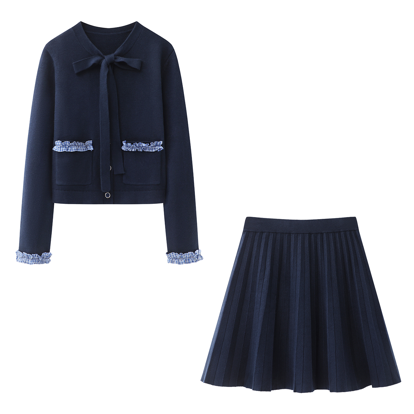 阔系の时尚百搭小香风针织开衫外套+高腰显瘦短款A字半身裙套装女