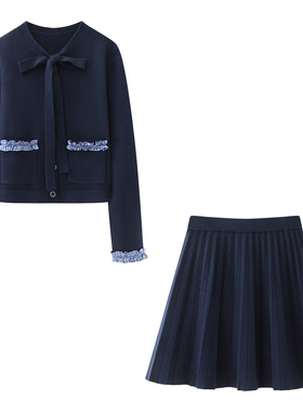 阔系の时尚百搭小香风针织开衫外套+高腰显瘦短款A字半身裙套装女