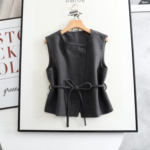 灰色老钱风毛呢马甲女外穿无袖上衣2025春秋小个子设计感背心外套