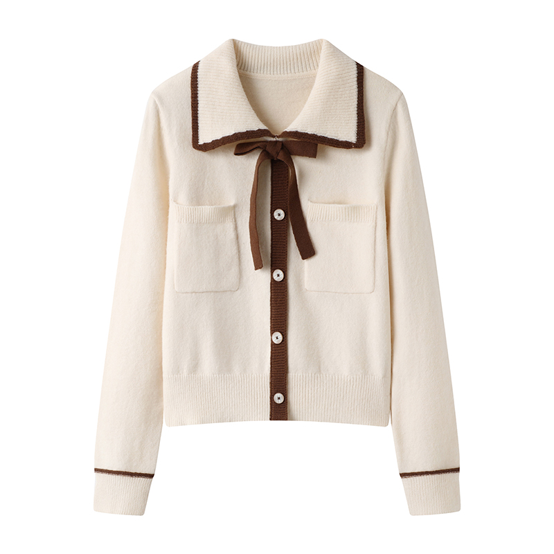 影系の翻领米白色针织衫女2025球冬季新款优雅气质蝴蝶结毛衣上衣