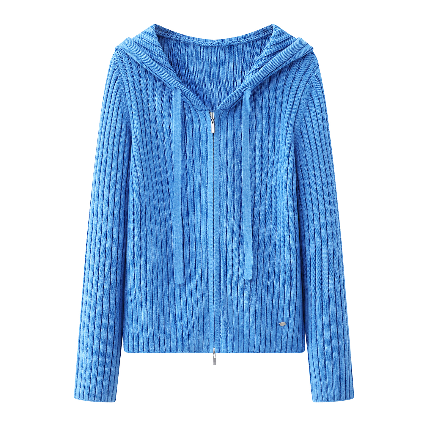 彩系の2025秋冬新款时尚百搭气质显瘦蓝色拉链连帽针织开衫女上衣