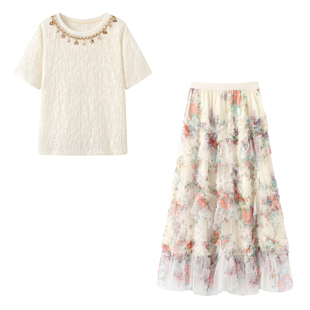 高腰显瘦碎花网纱半身裙女 T恤 一套入 重工镂空刺绣钉珠圆领短袖