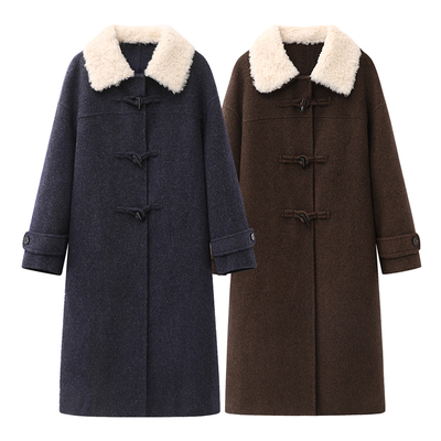 诗系の可拆卸领！时尚百搭宽松显瘦牛角扣长款羊羔毛领双面呢大衣
