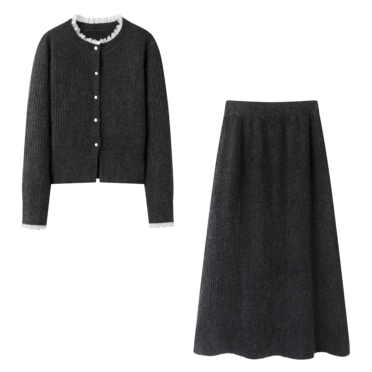 彩系の时尚百搭蕾丝拼接单排扣针织衫+高腰显瘦中长款A字半身裙女