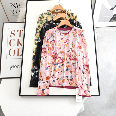 柜498+の2026春新款时尚百搭气质显瘦晕染印花打底圆领长袖T恤女