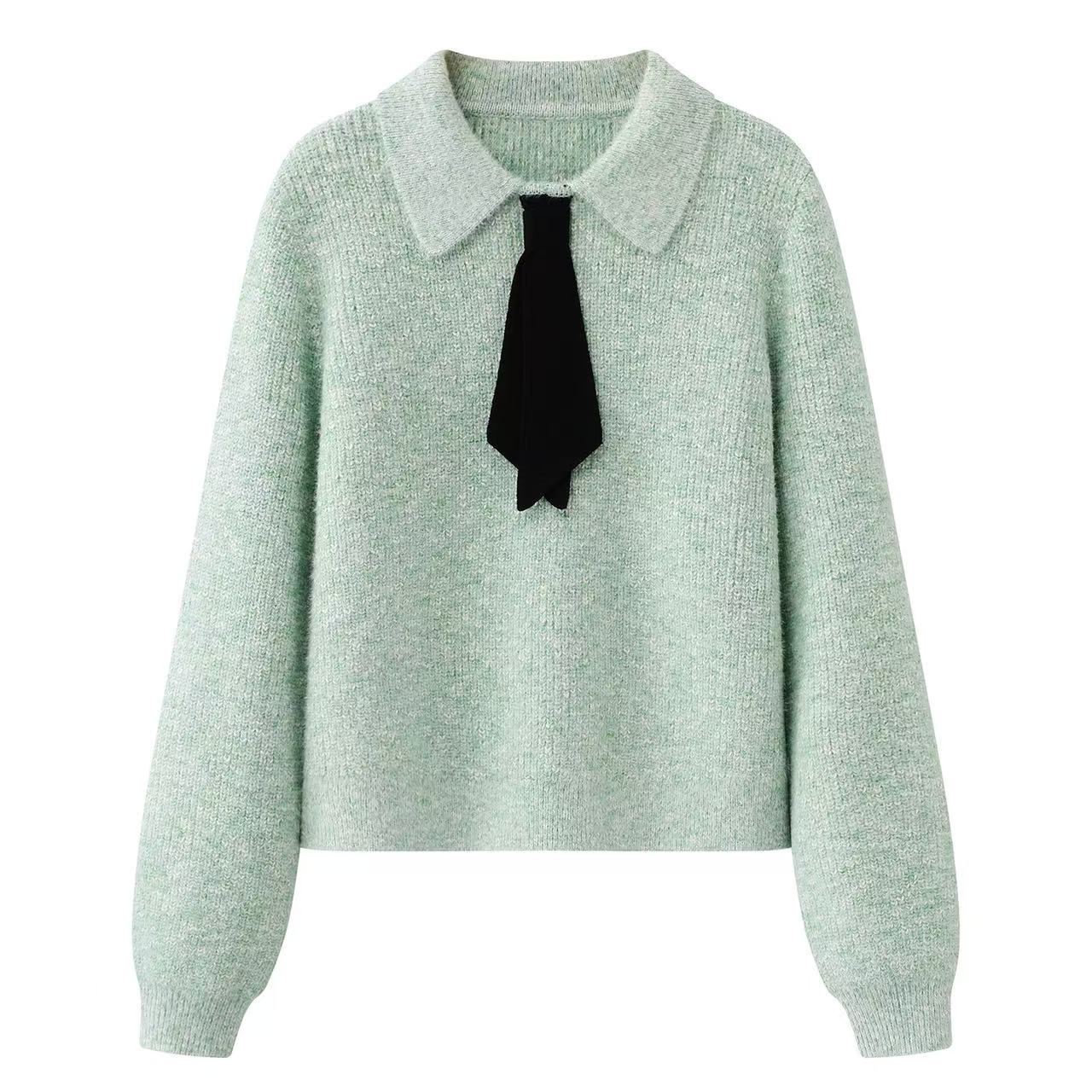 阔系の绿色领结毛衣宽松翻领针织衫女2025秋冬季新款飘带长袖上衣