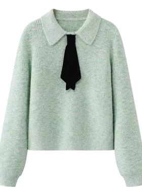 阔系の绿色领结毛衣宽松翻领针织衫女2025秋冬季新款飘带长袖上衣