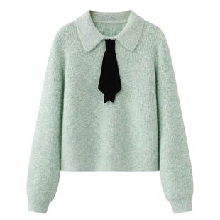 阔系の绿色领结毛衣宽松翻领针织衫女2025秋冬季新款飘带长袖上衣