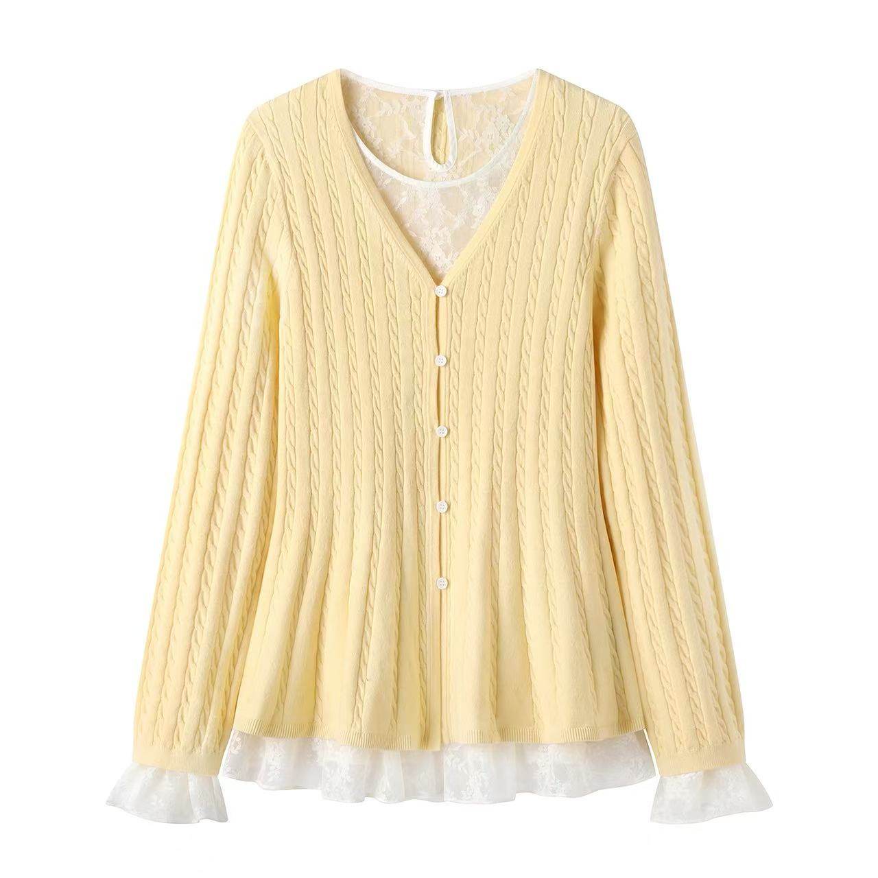 阔系の黄色针织衫毛衣开衫蕾丝衫两件套装2025秋季新款女叠穿上衣