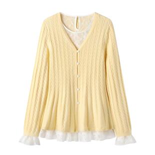 阔系の黄色针织衫毛衣开衫蕾丝衫两件套装2025秋季新款女叠穿上衣