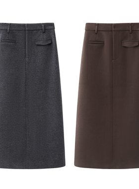 彩系の2025秋冬新款高腰显瘦直筒裙后开叉中长款西装毛呢半身裙女