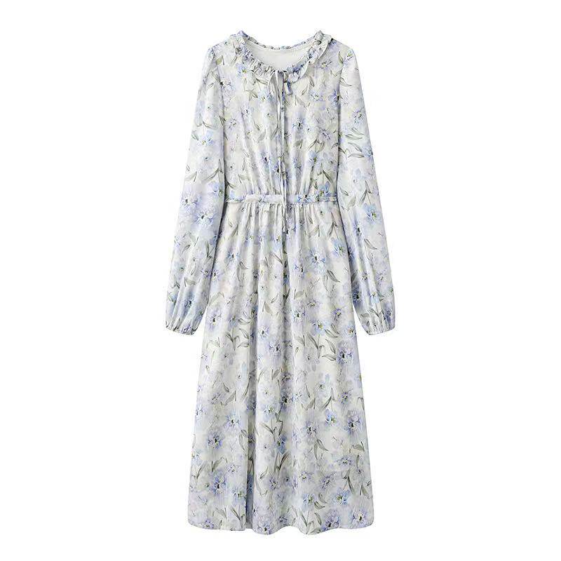 秋系の2025春秋新款时尚百搭简约通勤韩版V领灯笼袖印花连衣裙女