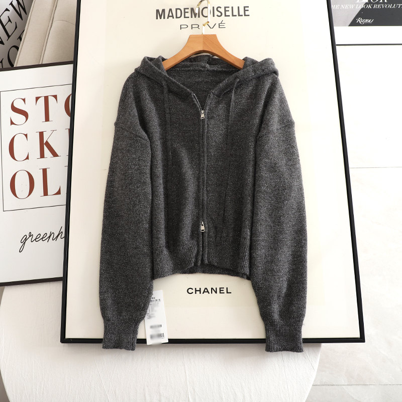 麦系！2024早秋季新款时尚百搭韩版灰色拉链连帽针织开衫女小上衣