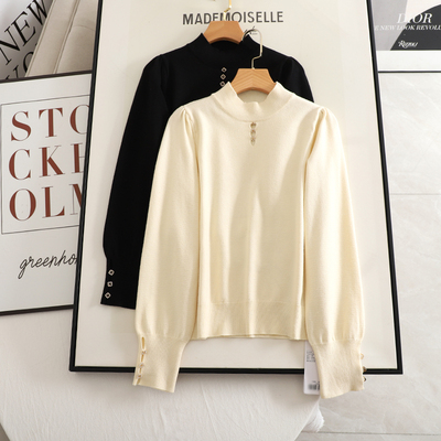 影系！半高领针织衫女2024春秋新款内搭打底衫灯笼袖毛衣长袖上衣