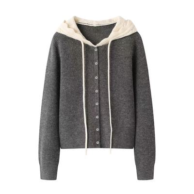 阔系の2025秋冬新款高级感设计时尚百搭灰色提花连帽针织衫女毛衣