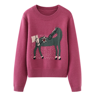 卡通小马提花设计感宽松毛衣 女2025秋冬新款 谜 树莓红针织衫