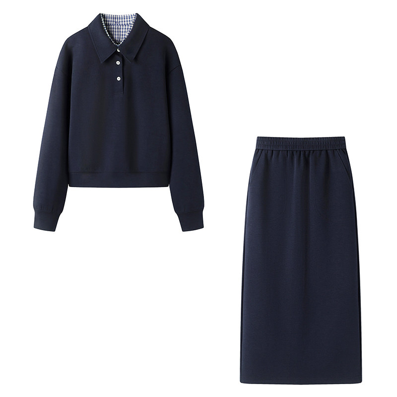 袖系の时尚百搭藏青色假两件休闲卫衣+高腰显瘦中长款A字半身裙女,女装/女士精品,时尚套装,淘宝优惠券,粉丝福利购,淘宝优惠卷