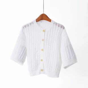 柜奢B~C 26春夏新品100%亚麻休闲网眼亮片绞花单排扣针织开衫女