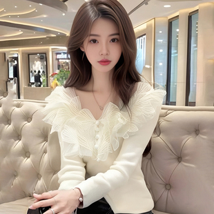 修身 AI图现货 打底针织衫 秋冬气质法式 内搭高级感上衣 蕾丝v领长袖