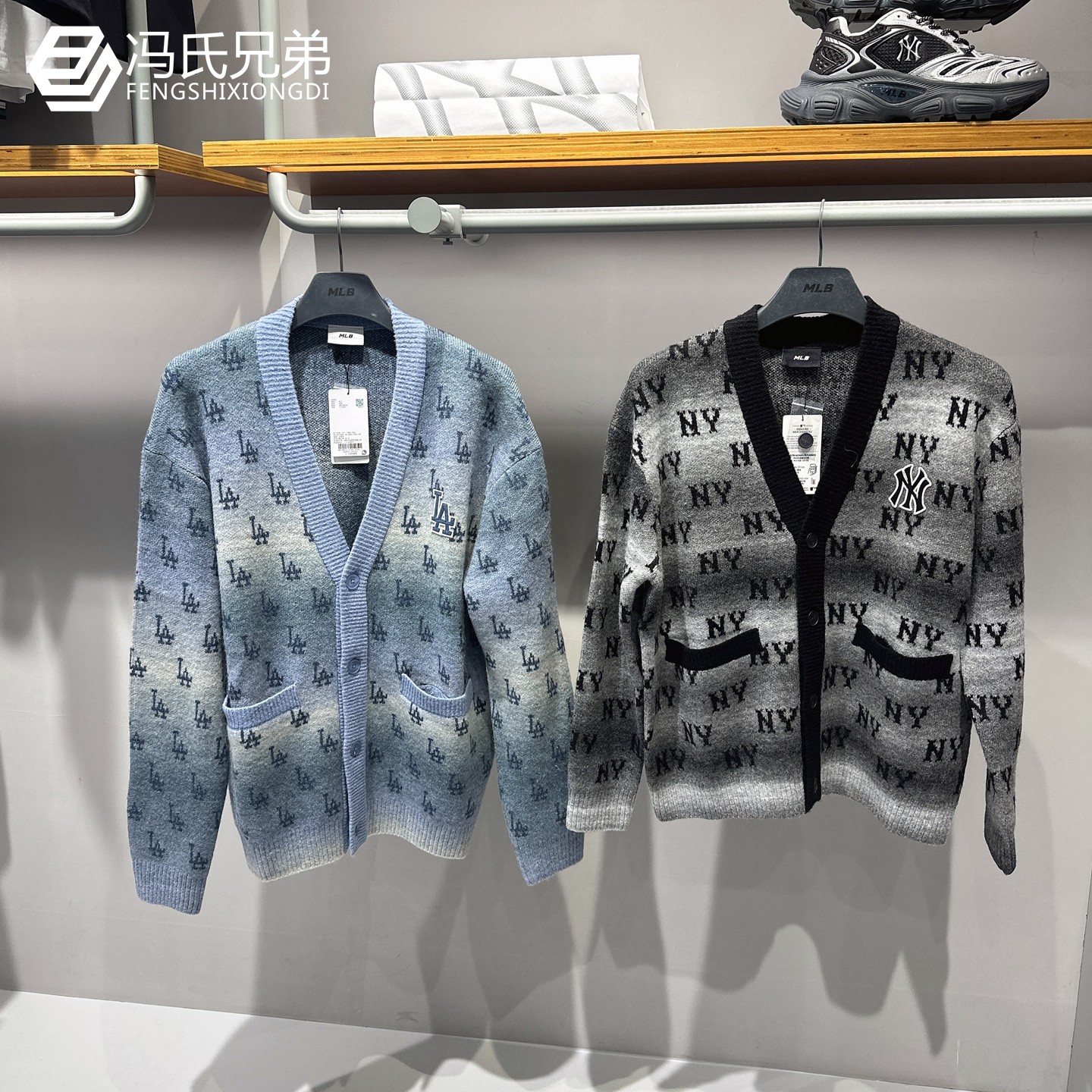 MLB 25年秋季男女时尚复古满印渐变老花针织开衫V领外套3AKCM0354,运动服/休闲服装,运动毛衣/线衫,淘宝优惠券,粉丝福利购,淘宝优惠卷