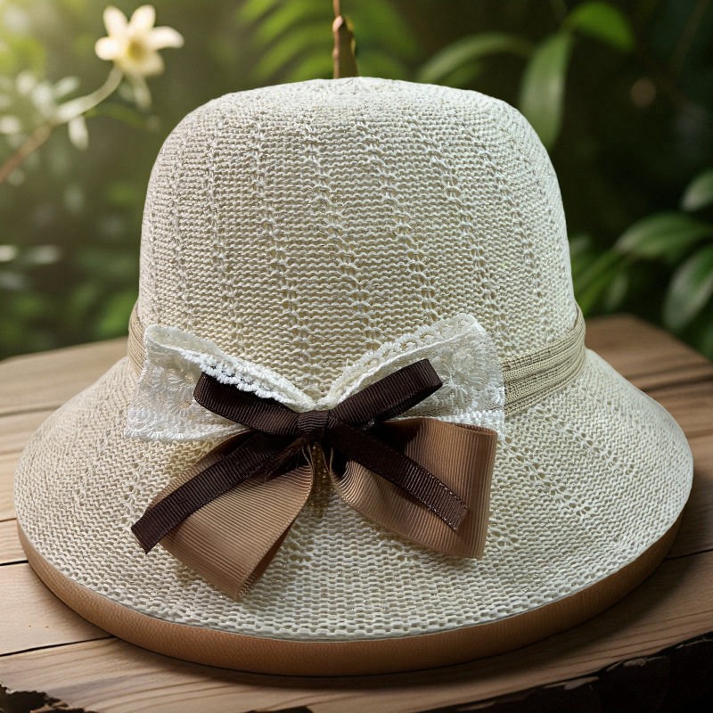 遮阳帽草帽沙滩蝴蝶结防晒太阳帽经典简约纯色透气帽舒适经典盆帽