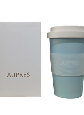 欧珀莱便携咖啡杯380ml硅胶套保温杯蓝色简约水杯环保竹纤维杯子