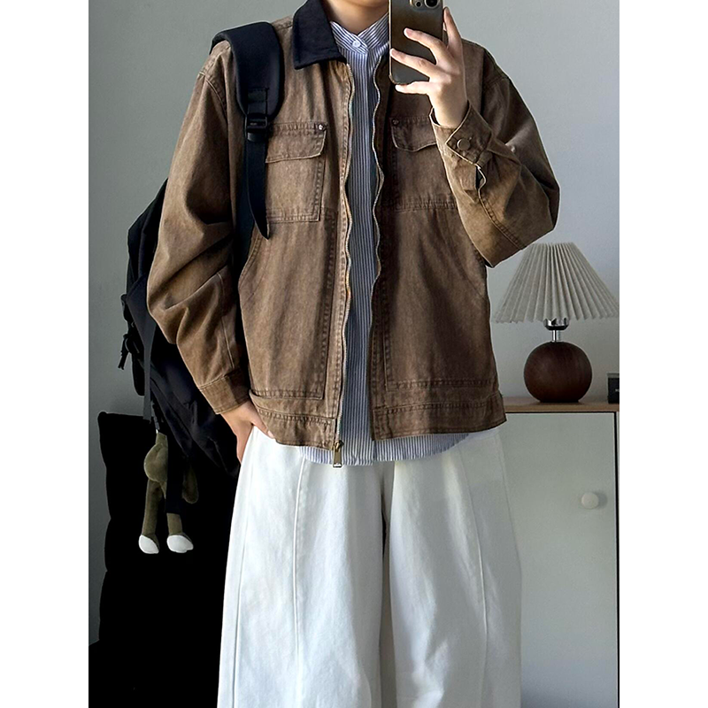 现货2026春季美式拼接全棉牛仔外套老钱风夹克JK267943-P95，男装工装外套，星座418-2