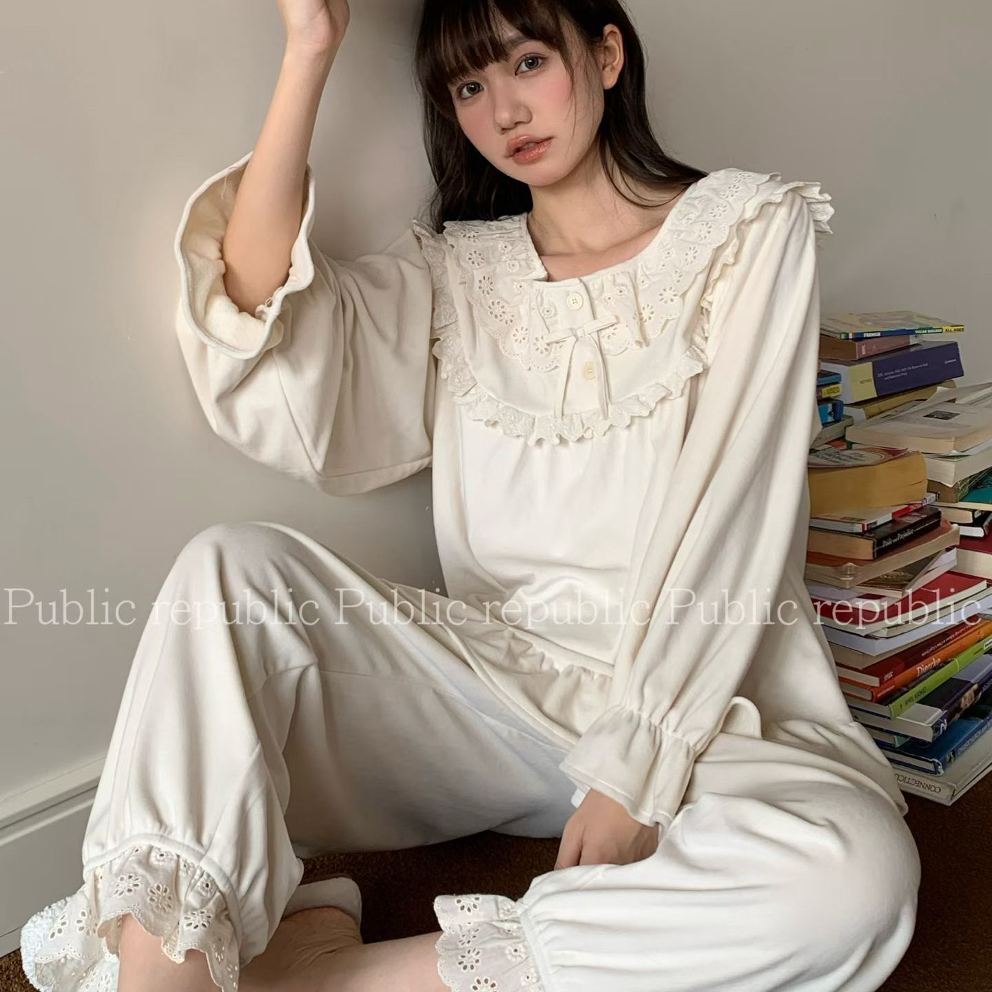 Public republic韩国冬季保暖薄绒加绒银狐绒甜美荷叶花边家居服