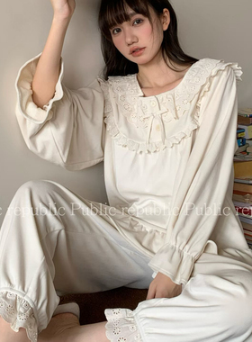 Public republic韩国冬季保暖薄绒加绒银狐绒甜美荷叶花边家居服