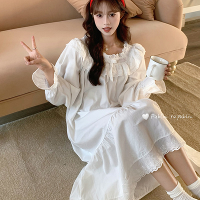 Public republic韩国纯棉小清新简约法式花边刺绣长袖睡裙家居服