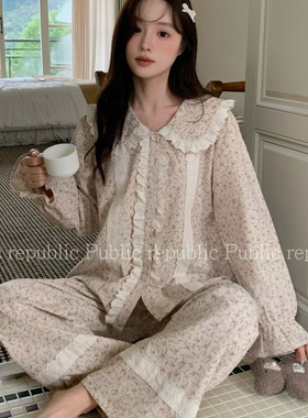 Public republic韩国秋冬纯棉磨毛娃娃领花边碎花开衫家居服睡衣