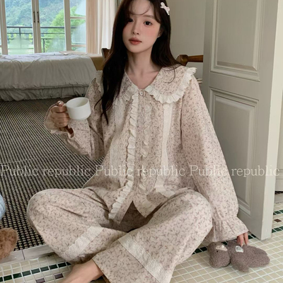Public republic韩国秋冬纯棉磨毛娃娃领花边碎花开衫家居服睡衣