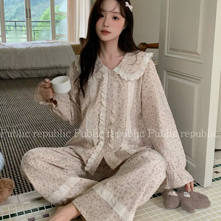 Public republic韩国秋冬纯棉磨毛娃娃领花边碎花开衫家居服睡衣