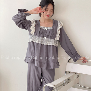 Public republic韩国秋季 纯棉宫廷风甜美蕾丝花边家居服睡衣套装