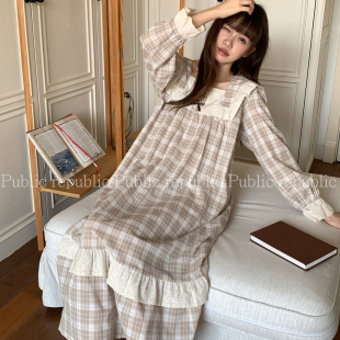 Public republic韩国春季纯棉森系小清新花边格子方领家居服睡裙