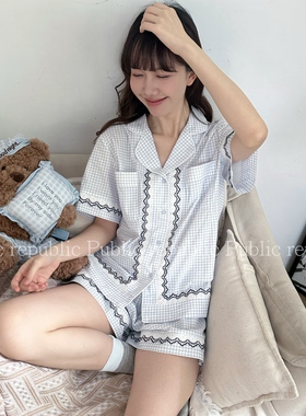 Public republic韩国夏季纯棉简约小清新格子花边开衫家居服睡衣
