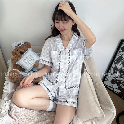 Public republic韩国夏季纯棉简约小清新格子花边开衫家居服睡衣